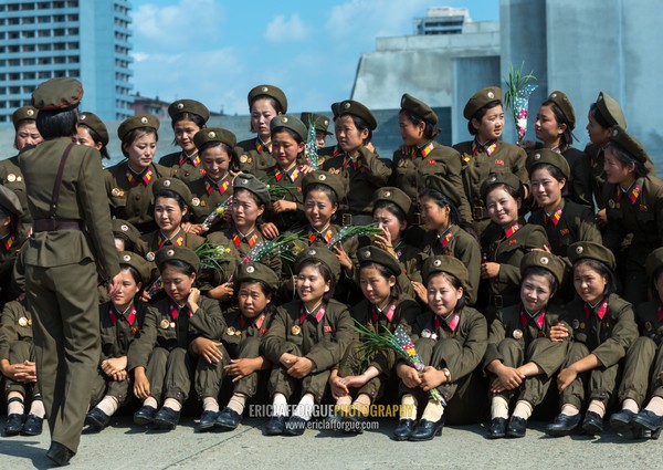 North Korean soldiers women posing for a photo souvenir, Pyongan Province, Pyongyang, North Korea