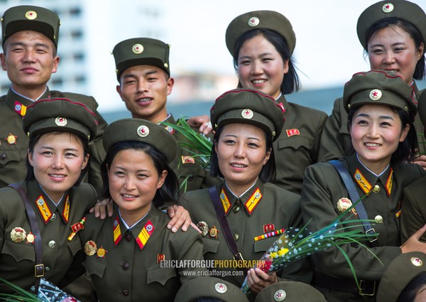 North Korean soldiers women posing for a photo souvenir, Pyongan Province, Pyongyang, North Korea