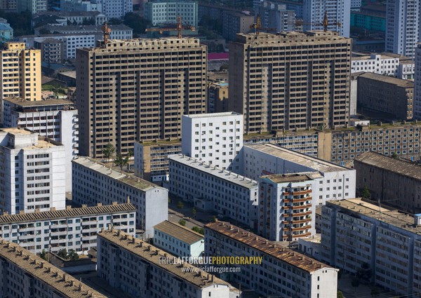 High angle view of buildings in the city center, Pyongan Province, Pyongyang, North Korea