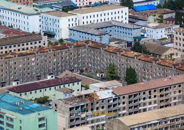 High angle view of buildings in the city center, Pyongan Province, Pyongyang, North Korea