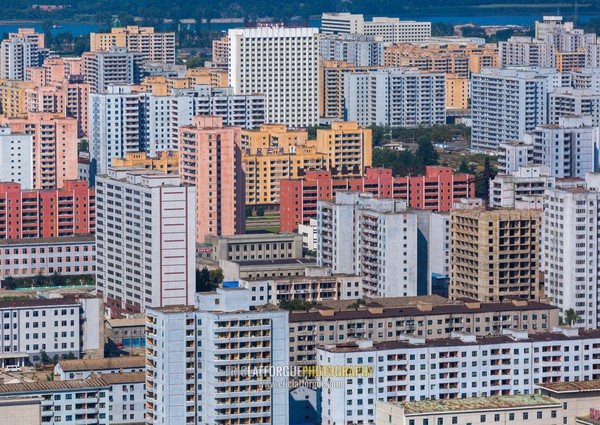 High angle view of buildings in the city center, Pyongan Province, Pyongyang, North Korea