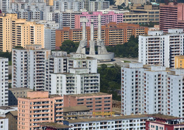 High angle view of buildings in the city center, Pyongan Province, Pyongyang, North Korea