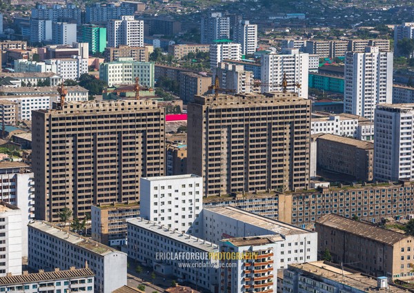 High angle view of buildings in the city center, Pyongan Province, Pyongyang, North Korea