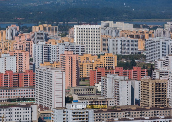 High angle view of buildings in the city center, Pyongan Province, Pyongyang, North Korea