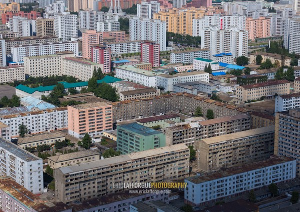 High angle view of buildings in the city center, Pyongan Province, Pyongyang, North Korea