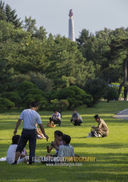 North Korean people having picnic in a park on september 9 day of the foundation of the republic, Pyongan Province, Pyongyang, North Korea