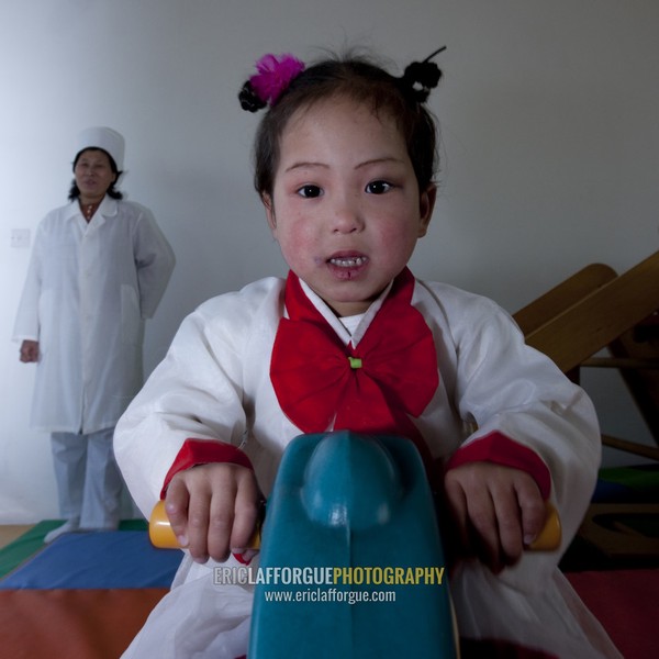 North Korean girl dressed in choson-ot in an orphanage, South Pyongan Province, Nampo, North Korea