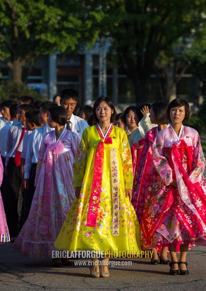 North Korean students during a mass dance performance on september 9 day of the foundation of the republic, Pyongan Province, Pyongyang, North Korea