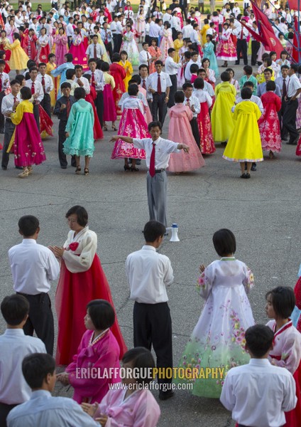 North Korean students during a mass dance performance on september 9 day of the foundation of the republic, Pyongan Province, Pyongyang, North Korea