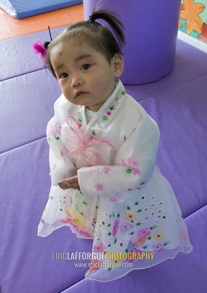 North Korean girl dressed in choson-ot in an orphanage, South Pyongan Province, Nampo, North Korea