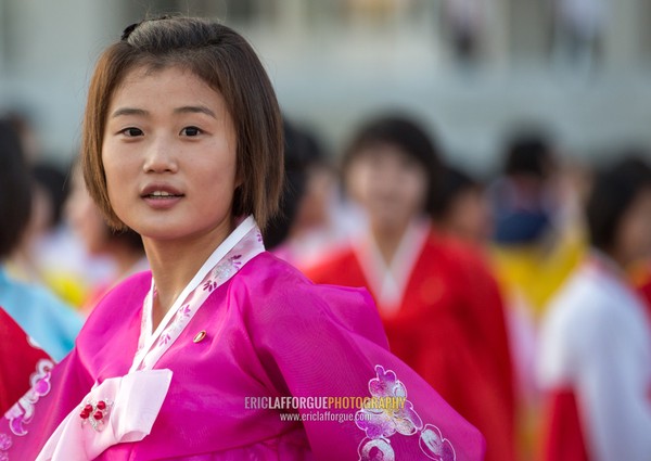 North Korean students during a mass dance performance on september 9 day of the foundation of the republic, Pyongan Province, Pyongyang, North Korea