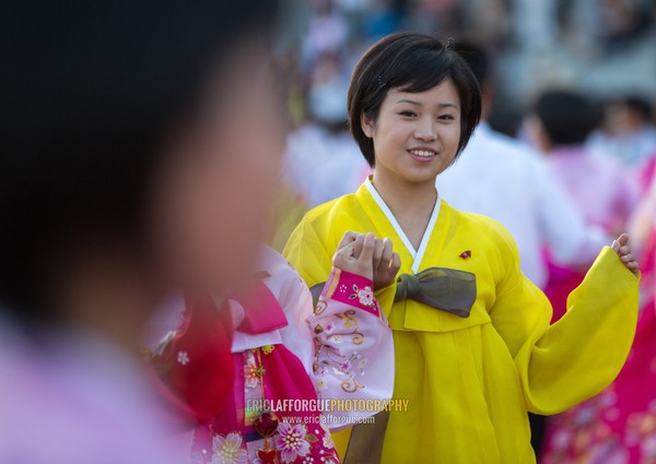 North Korean students during a mass dance performance on september 9 day of the foundation of the republic, Pyongan Province, Pyongyang, North Korea