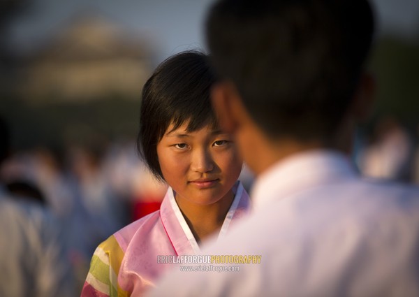 North Korean students during a mass dance performance on september 9 day of the foundation of the republic, Pyongan Province, Pyongyang, North Korea