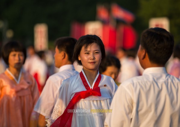 North Korean students during a mass dance performance on september 9 day of the foundation of the republic, Pyongan Province, Pyongyang, North Korea