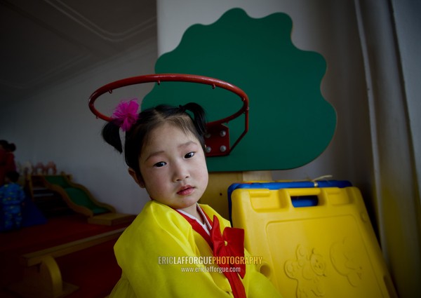 North Korean girl dressed in choson-ot in an orphanage, South Pyongan Province, Nampo, North Korea