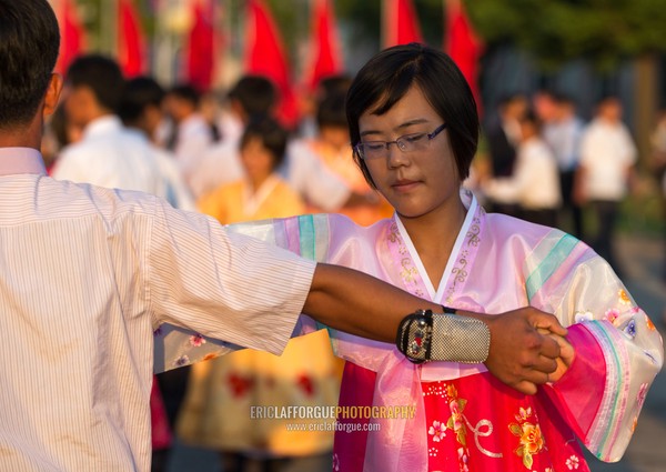 North Korean students during a mass dance performance on september 9 day of the foundation of the republic, Pyongan Province, Pyongyang, North Korea