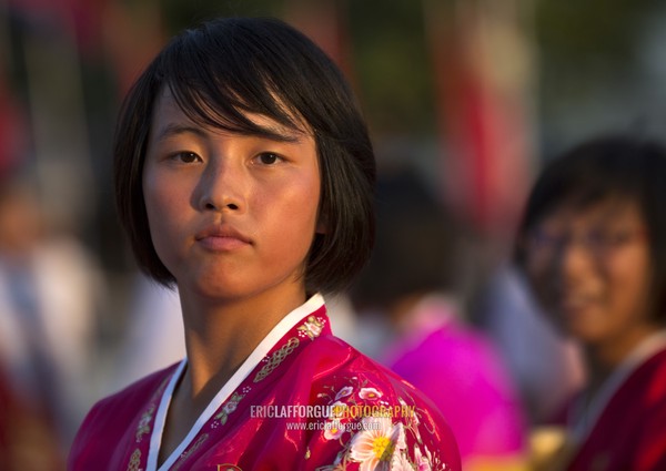 North Korean students during a mass dance performance on september 9 day of the foundation of the republic, Pyongan Province, Pyongyang, North Korea