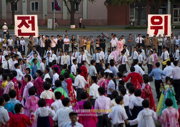 North Korean students during a mass dance performance on september 9 day of the foundation of the republic, Pyongan Province, Pyongyang, North Korea