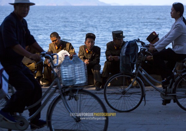 North Korean soldiers resting on the beachfront, Kangwon Province, Wonsan, North Korea