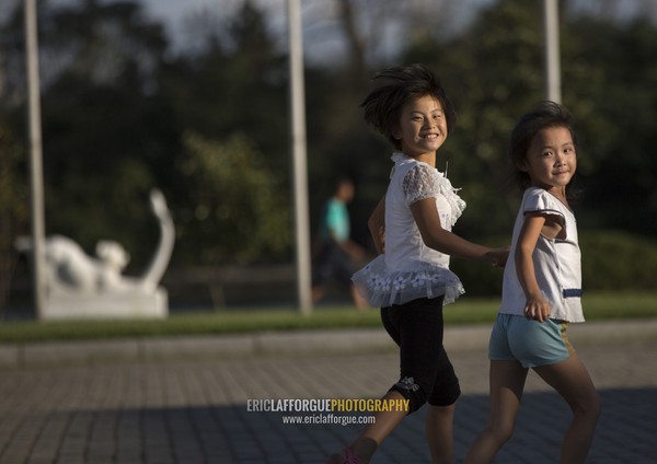 North Korean girls running in Songdowon international children's camp, Kangwon Province, Wonsan, North Korea