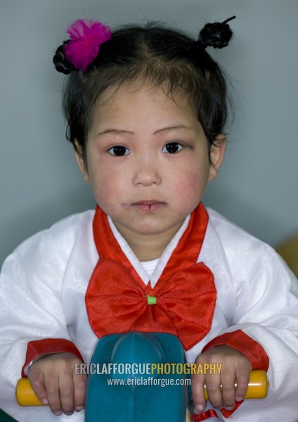 North Korean girl dressed in choson-ot in an orphanage, South Pyongan Province, Nampo, North Korea