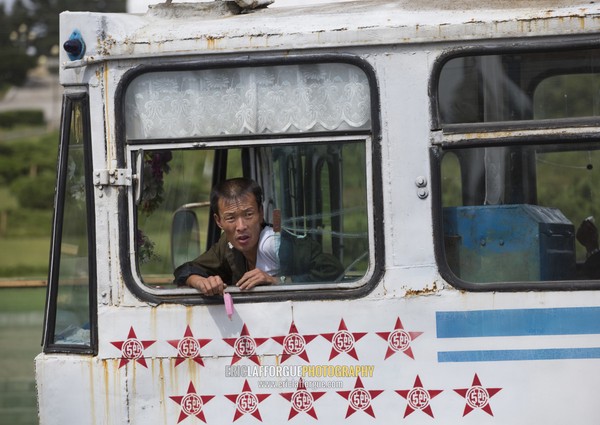 Tramway decorated with red stars that indicate the tram had no accident, South Hamgyong Province, Hamhung, North Korea