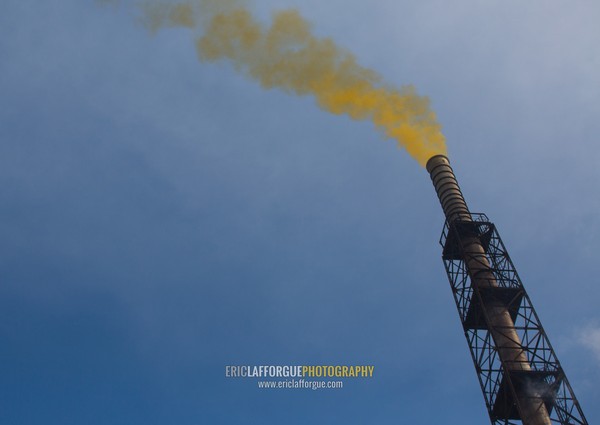 Yellow smoke coming out of a chimney in Hungnam nitrogen fertilizer plant, South Hamgyong Province, Hamhung, North Korea