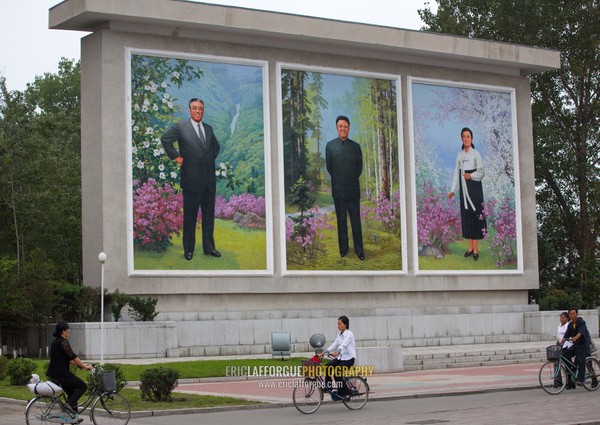 Kim il Sung with Kim Jong il and Kim Jong suk on a propaganda mosaic fresco, South Hamgyong Province, Hamhung, North Korea