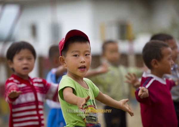 North Korean children making morning gymnastics at school, South Hamgyong Province, Hamhung, North Korea