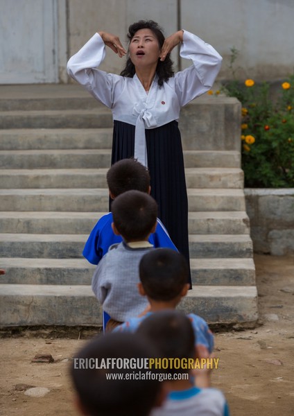 North Korean children making morning gymnastics at school, South Hamgyong Province, Hamhung, North Korea