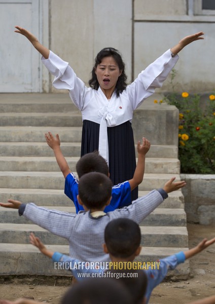 North Korean children making morning gymnastics at school, South Hamgyong Province, Hamhung, North Korea