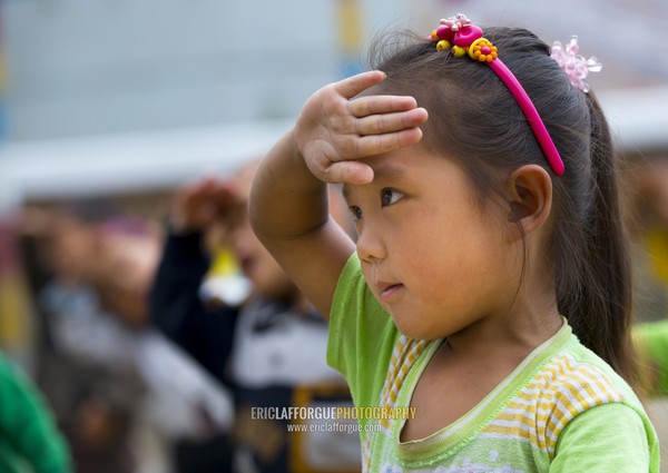 North Korean children making morning gymnastics at school, South Hamgyong Province, Hamhung, North Korea