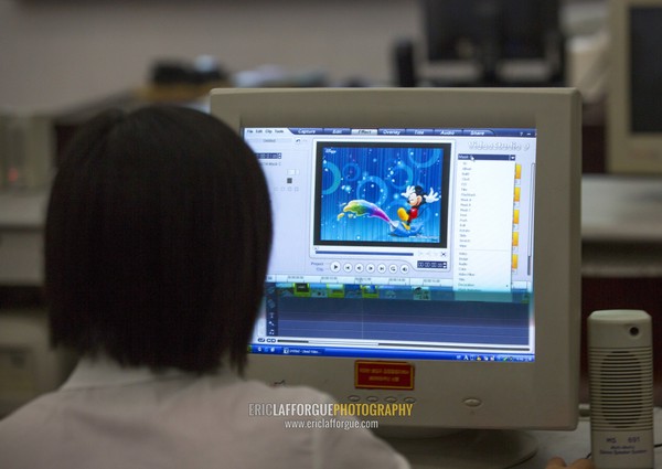 Video editing of Mickey movie in Mangyongdae children's palace, Pyongan Province, Pyongyang, North Korea