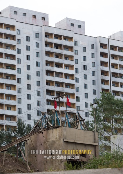 Construction in front of apartments blocks, Pyongan Province, Pyongyang, North Korea