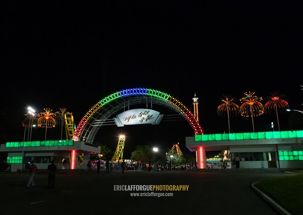 Kaeson youth park entrance by night, Pyongan Province, Pyongyang, North Korea