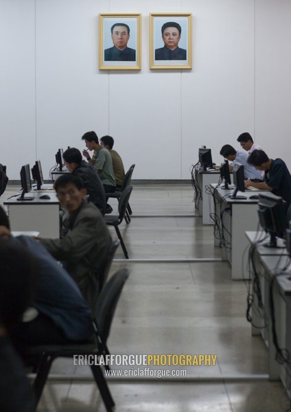 North Korean students in the computers room of the Grand people's study house, Pyongan Province, Pyongyang, North Korea