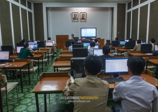 English classroom in the Grand people's study house with the portraits of the Dear Leaders, Pyongan Province, Pyongyang, North Korea