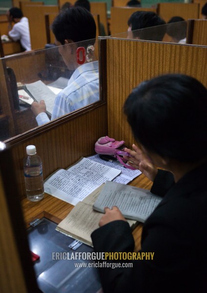 North Korean students during an english classroom in the Grand people's study house, Pyongan Province, Pyongyang, North Korea