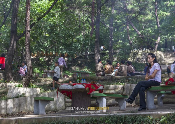 North Korean people enjoying a picnic in a park on a sunday, Pyongan Province, Pyongyang, North Korea