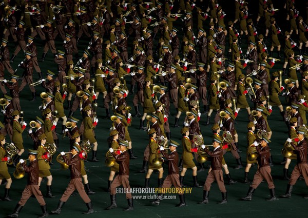 Military band during Arirang mass games in may day stadium, Pyongan Province, Pyongyang, North Korea