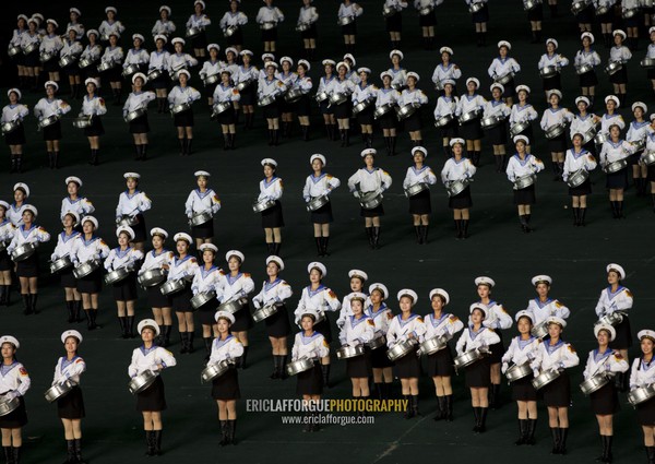 Sexy North Korean women dressed as sailors during the Arirang mass games in may day stadium, Pyongan Province, Pyongyang, North Korea