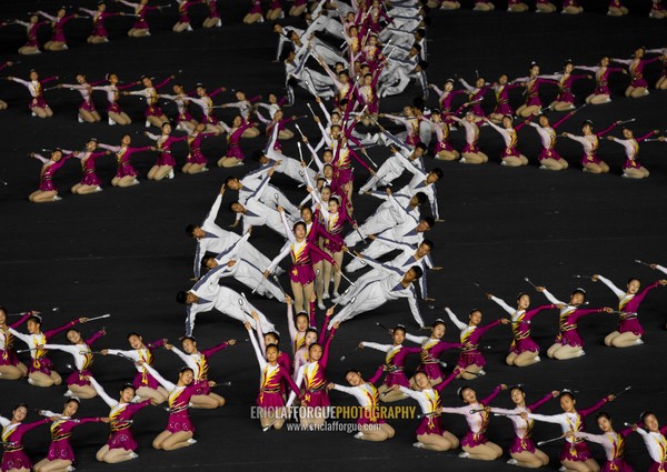 North Korean gymnasts and acrobats performing during Arirang mass games in may day stadium, Pyongan Province, Pyongyang, North Korea