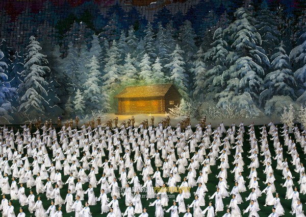 North Korean dancers performing in front of Kim Jong il native house during Arirang mass games in may day stadium, Pyongan Province, Pyongyang, North Korea