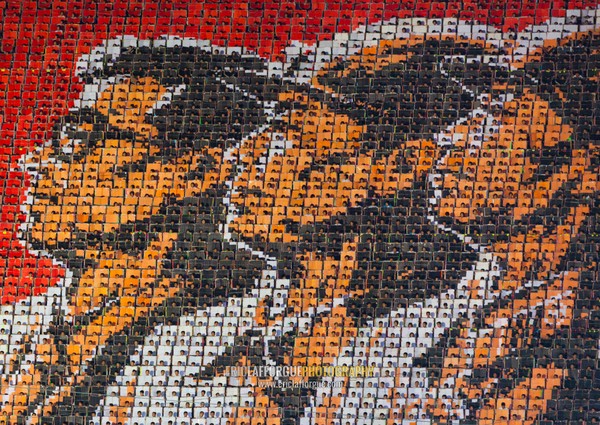 North Korean heroes made by children pixels holding up colored boards during Arirang mass games in may day stadium, Pyongan Province, Pyongyang, North Korea