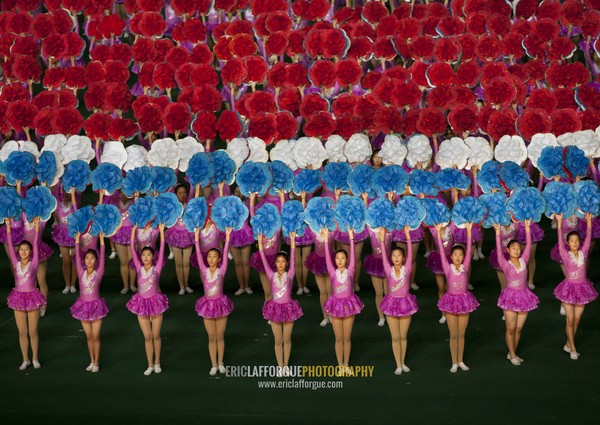 North Korean gymnasts holiding flowers during Arirang mass games in may day stadium, Pyongan Province, Pyongyang, North Korea